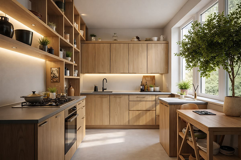 Mẫu 9: Tủ bếp treo tường kết hợp hốc decor mở