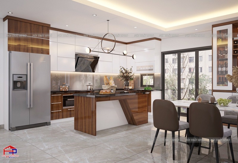 Tủ bếp gỗ công nghiệp thiết kế dạng chữ L với đảo bếp kiêm quầy bar