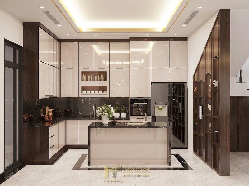 Thiết kế 3D tủ bếp chữ L của Nội thất Hpro dựa theo khảo sát thực tế