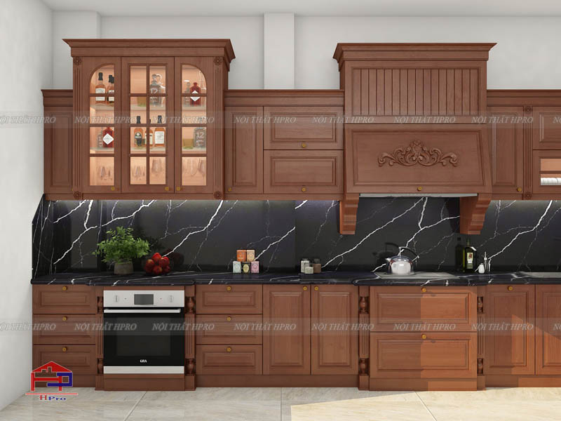 Tủ bếp chữ I từ gỗ Xoan Đào phong cách cổ điển
