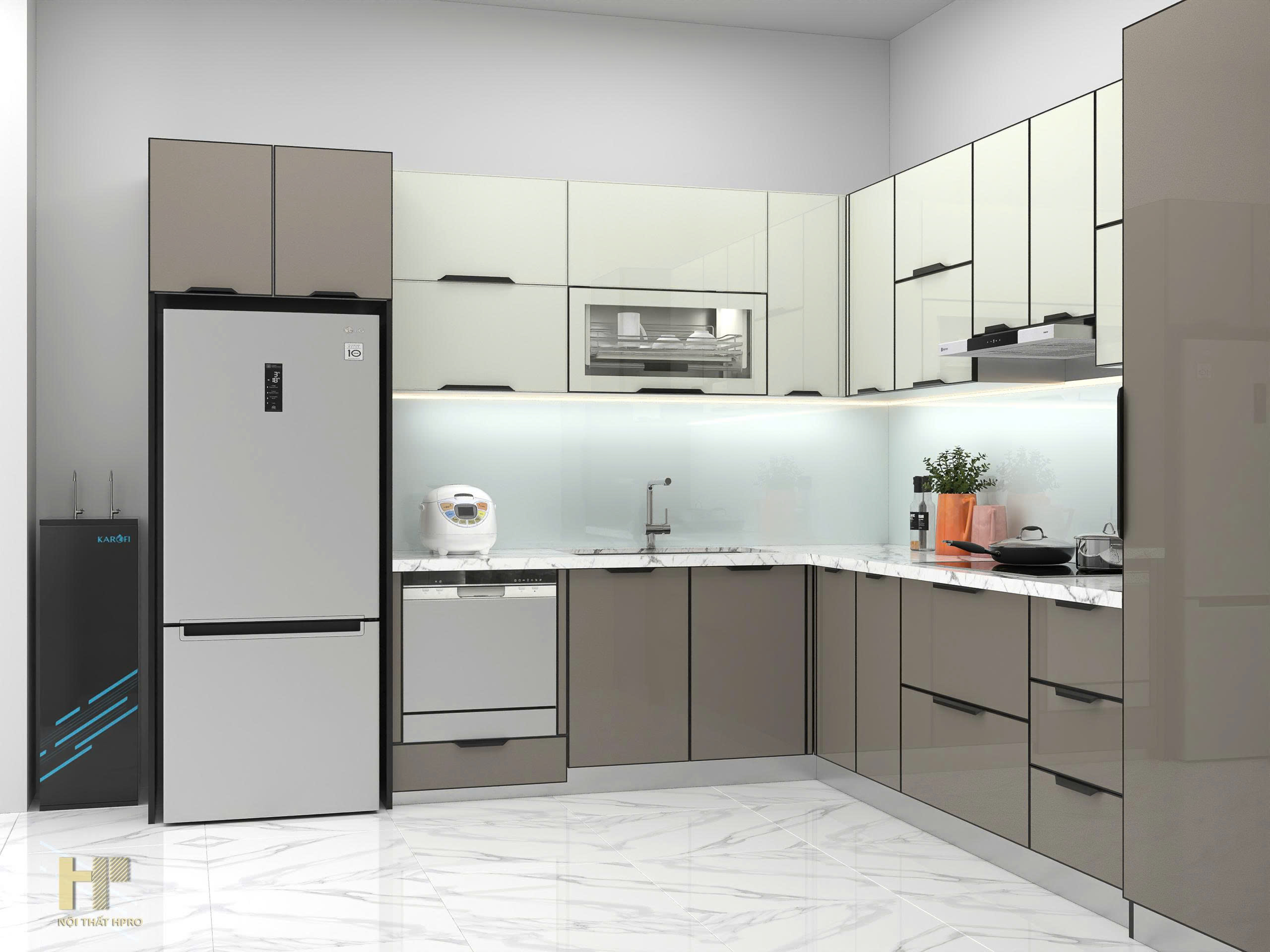 Tủ bếp inox cánh kính thiết kế dạng chữ L