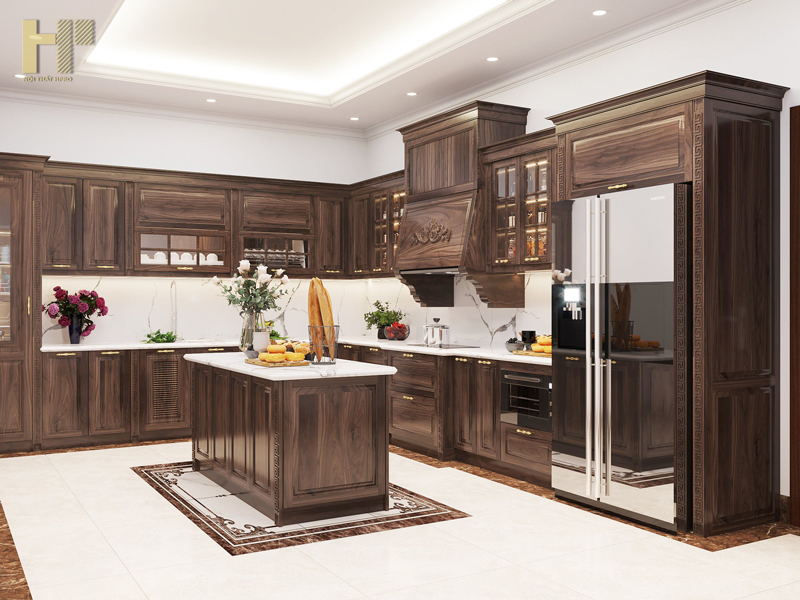 Thiết kế mẫu tủ bếp gỗ óc chó màu nâu trầm