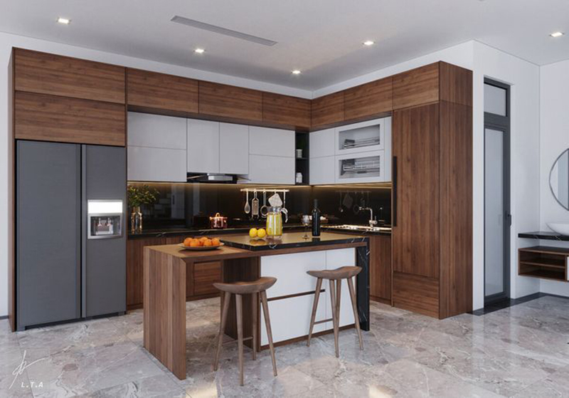 18 mẫu tủ bếp vân gỗ óc chó đẹp, sang trọng nhất 2026