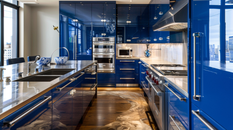 Phối xanh Coban với ánh sáng LED tạo bếp hiện đại
