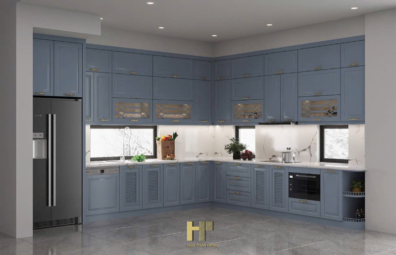 Không gian bếp rộng dùng xanh Coban toàn phần nổi bật