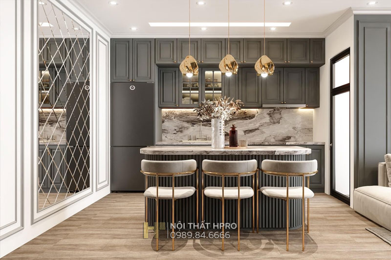 Tủ bếp tân cổ điển TBCD05 dáng chữ I cho không gian bếp nhỏ