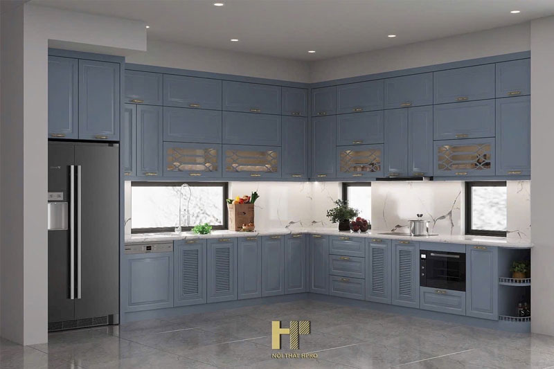 Mẫu tủ bếp tân cổ điển TBCD06 chữ L cho căn bếp rộng rãi