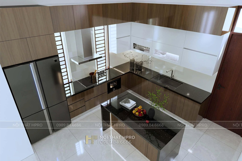 tủ bếp Acrylic vân gỗ có bàn đảo