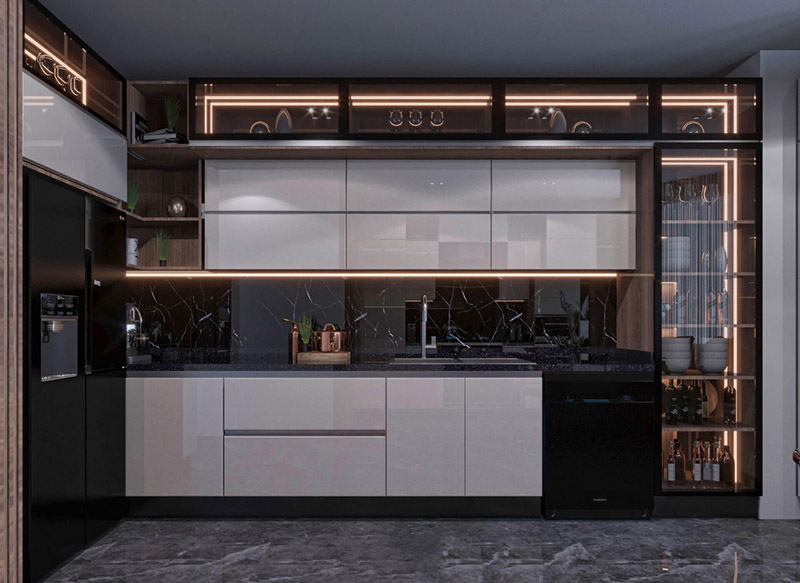 Tủ bếp cánh kính khung nhôm phù hợp với thiết kế tối giản