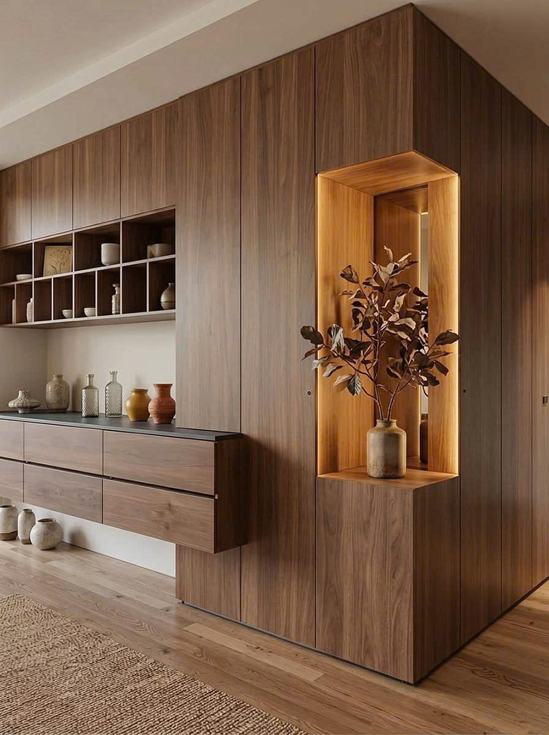 Xu hướng thiết kế 2026 tủ kệ trang trí bo cong mềm mại độc đáo